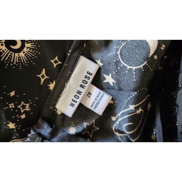 Neon Rose Moon Print Constellation Sheer Bell Sleeve Midi Dress Black Sz 28 - Picture 8 of 8